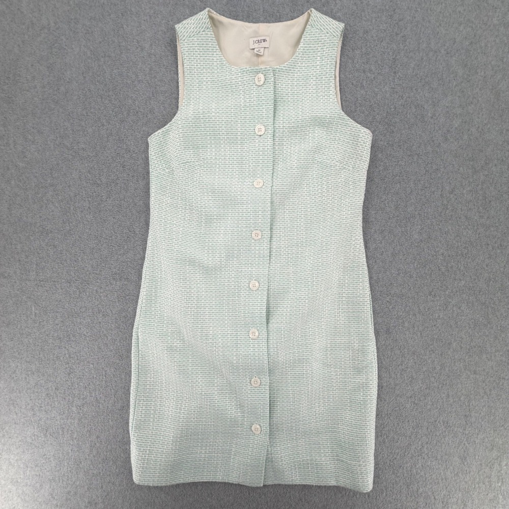 J.Crew Dress Womens 0 Green Tweed Button Front Sleeveless Mini Pockets C1227